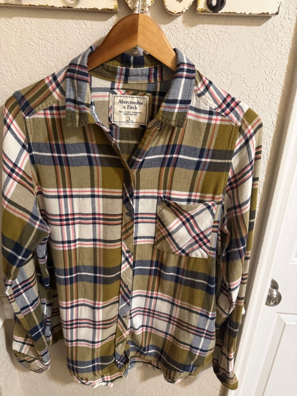 Abercrombie & Fitch Olive, Navy and Cream Plaid Button-Down Shirt -women’s